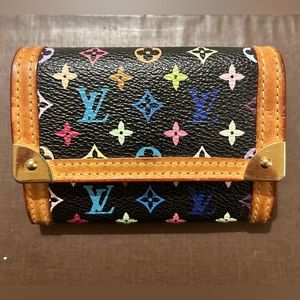 TAKASHI MURAKAMI X LOUIS VUITTON BLACK MONOGRAM MULTICOLORE PORTE MONNAIE PLAT